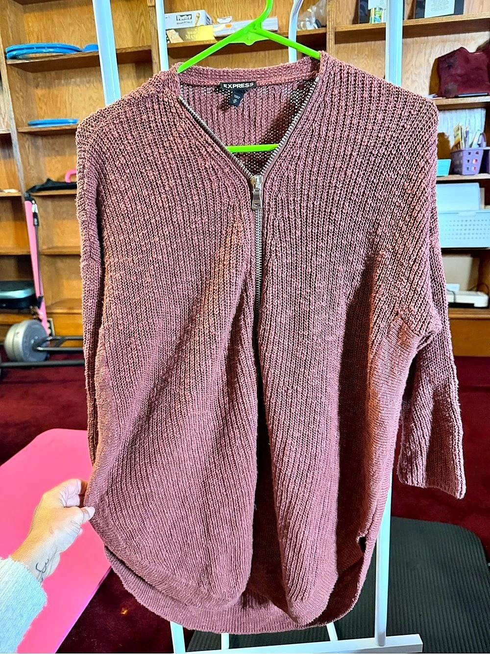 Express Women's Mauve Shaker Knit Front Zip Dolman Sleeve Tunic Sweater